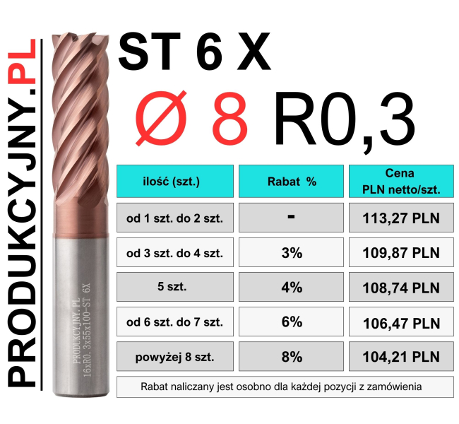 Frez trochoidalny fi 8 R0,3 ST 6 X